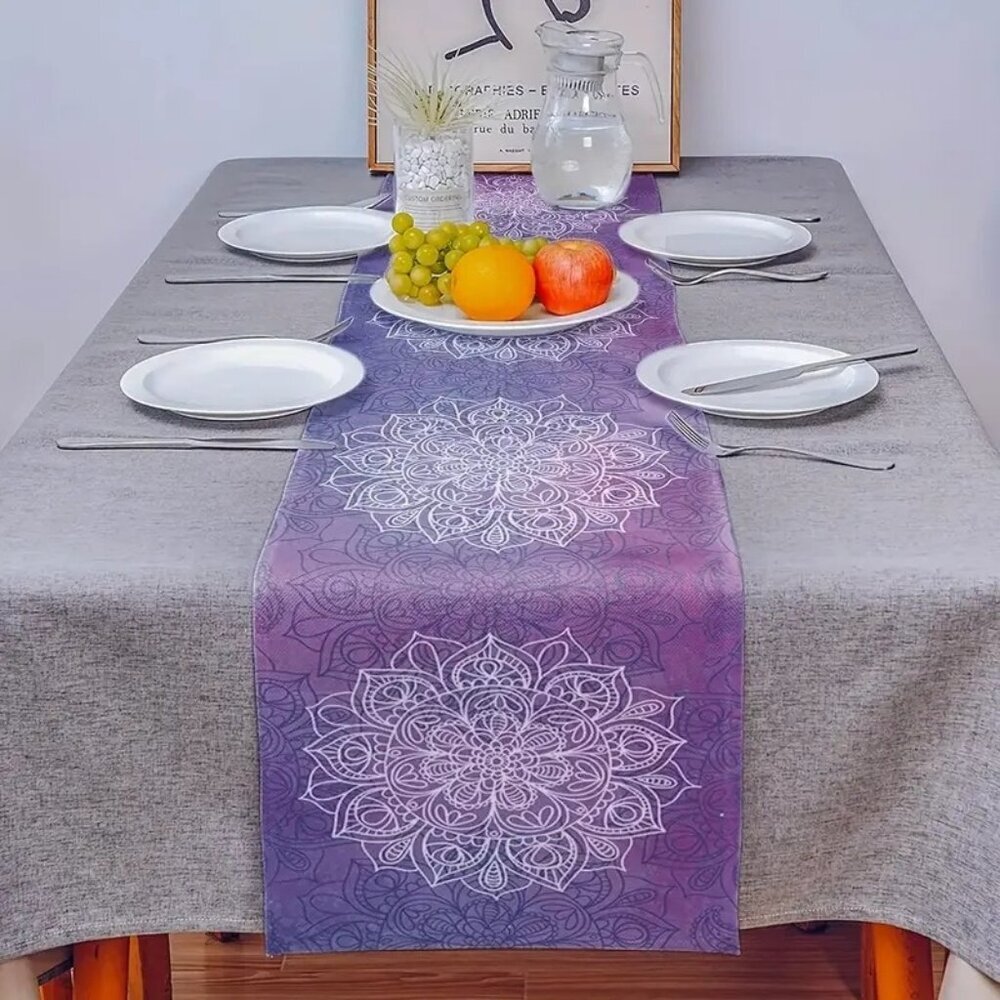Mandala 100% Linen Purple Table Runner – Elegant Home Décor